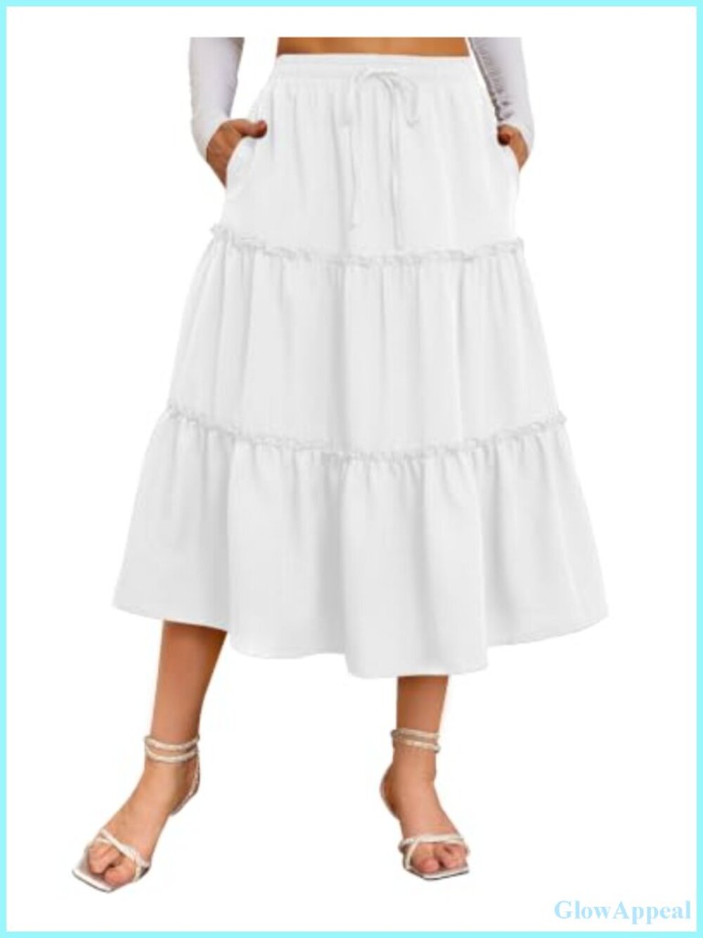 Women's Tiered Midi Skirt Flowy Boho with Pockets